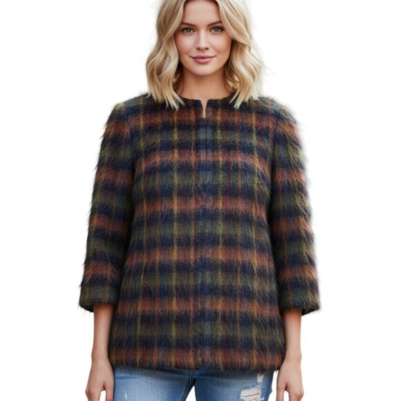 Vintage 90s DONCASTER Womens Plaid Topper Coat Mohair Blend Open A-Line Sz 6 - Picture 1 of 16